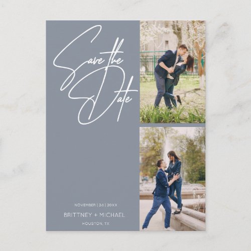 Minimal Hand Lettered Photo Collage Dusty Blue Postcard