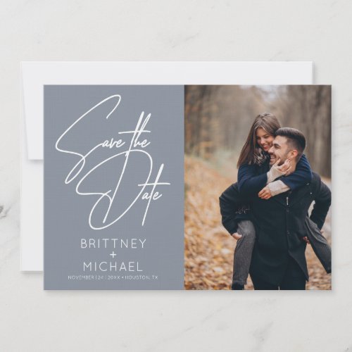 Minimal Hand Lettered Photo Dusty Blue Save The Date