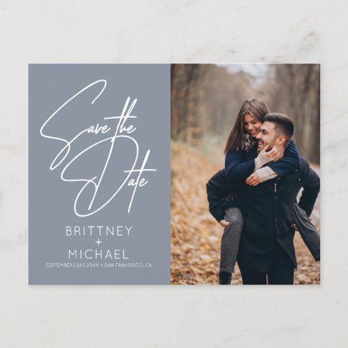 Minimal Hand Lettered Photo Save the Date Blue Announcement Postcard