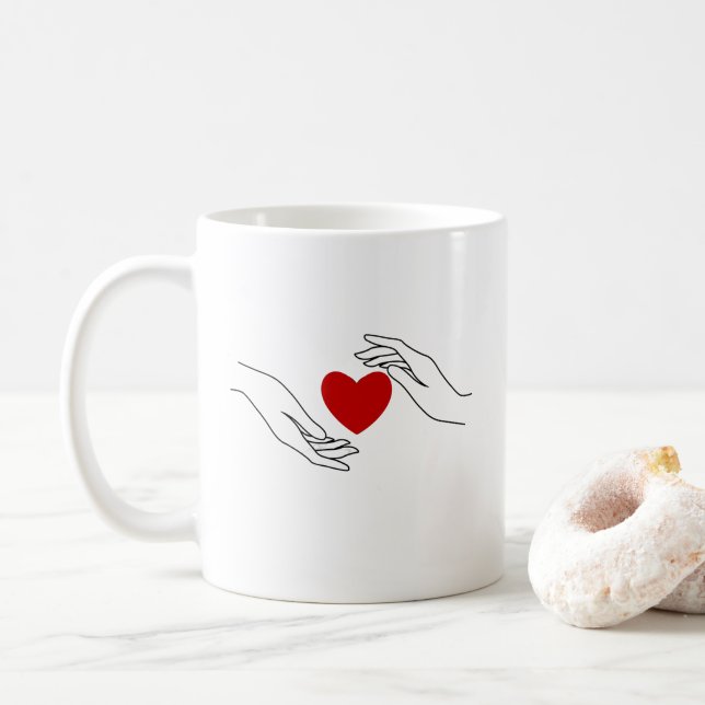 Minimal Hands Offering Red Heart Love Art Coffee Mug (With Donut)