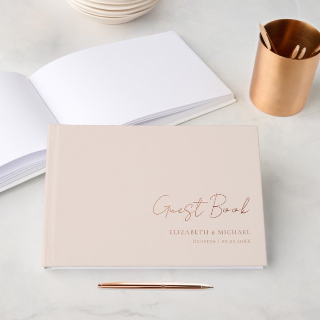 Minimal, Handwriting Script, Rose-Gold-Foil, Beige Foil Guest Book (Creator Uploaded)