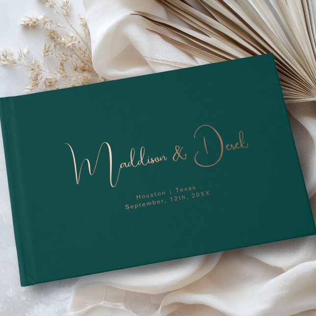 Minimal, Handwriting Script, Rose-Gold-Foil, Teal Foil Guest Book (Personalized, Minimal, Handwriting Script, Rose-Gold-Foil, Foil Guest Book.)