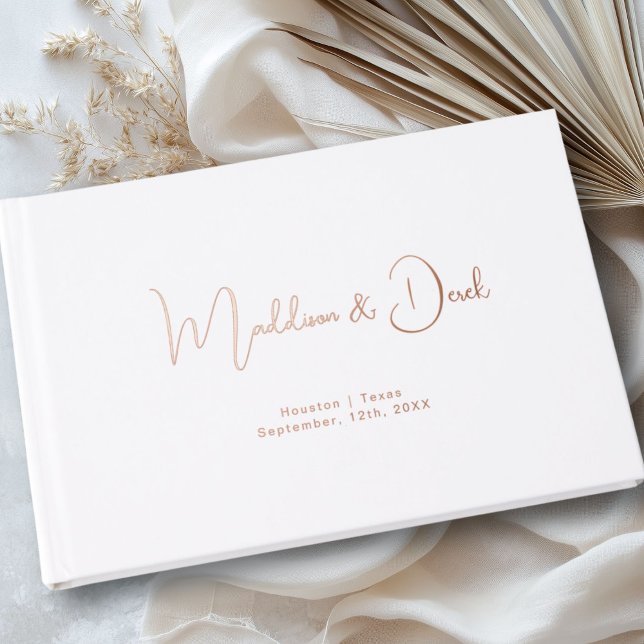 Minimal, Handwriting Script, Rose-Gold-Foil, White Foil Guest Book (Personalized, Minimal, Handwriting Script, Rose-Gold-Foil, Foil Guest Book.)
