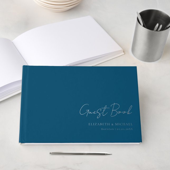 Minimal, Handwriting Script, Silver-Foil, Blue Foil Guest Book (Creator Uploaded)