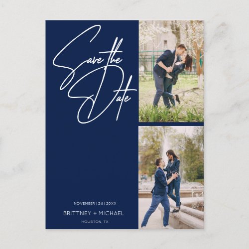 Minimal Handwritten Photo Collage Navy Blue Announcement Postcard