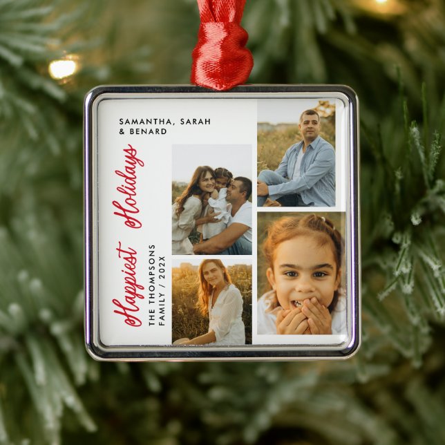 Minimal Happiest Holidays Script Family 4 Photos Metal Ornament (Tree)