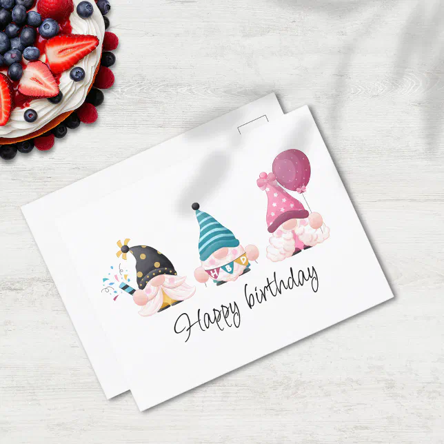 Minimal Happy Birthday Gnome Trio Postcard | Zazzle