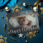 Minimal Happy Hanukkah Holiday Photo<br><div class="desc">Simple happy hanukkah in serif letters with year and family signature. Add your own message or extra photos to the back side.</div>