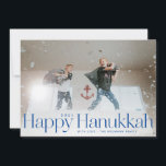 Minimal Happy Hanukkah Holiday Photo Bright Blue<br><div class="desc">Simple happy hanukkah in serif letters with year and family signature. Add your own message or extra photos to the back side.</div>