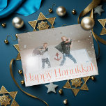 Minimal Happy Hanukkah Holiday Photo Peach<br><div class="desc">Simple happy hanukkah in serif letters with year and family signature. Add your own message or extra photos to the back side.</div>