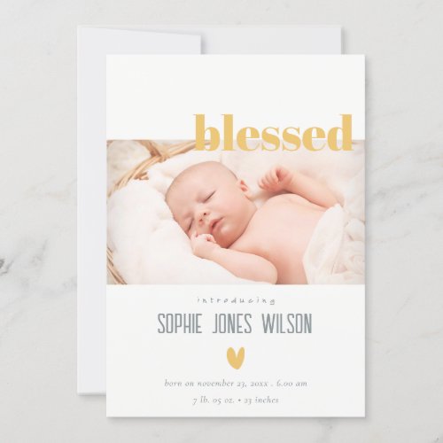 Minimal Heart Blessed Photo Birth Announcement