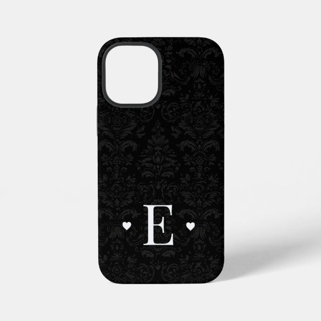 Minimal Heart Chic Initial Monogram Black Damask iPhone Case (Back)