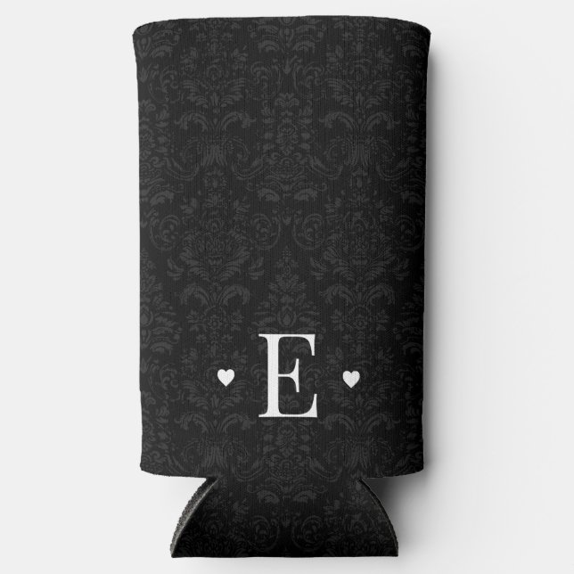 Minimal Heart Chic Initial Monogram Black Damask Seltzer Can Cooler (Front)