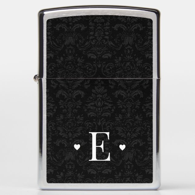Minimal Heart Chic Initial Monogram Black Damask Zippo Lighter (Front)