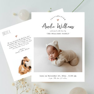 Minimal Heart Elegant 2 Photo Birth Announcement Postcard