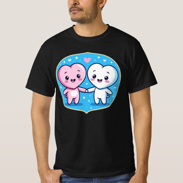 Minimal Heart Mascots Holding Hands T-Shirt (Front)