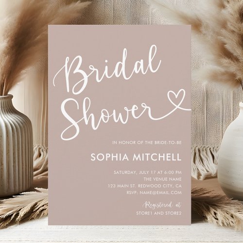 Minimal Heart Script Bridal Shower Boho Beige Invitation