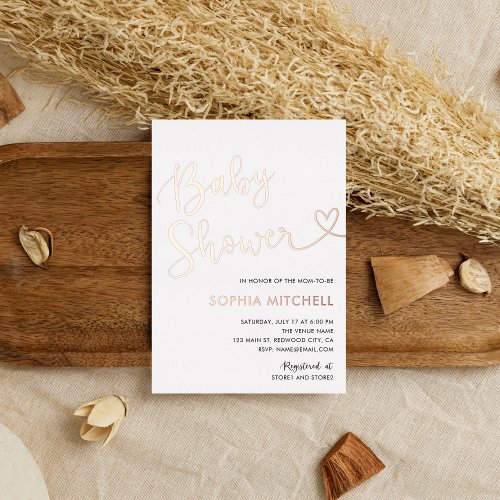 Minimal Heart Script White Baby Shower Foil Invitation