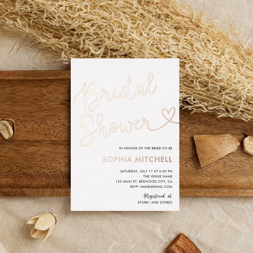 Minimal Heart Script White Bridal Shower Foil Invitation