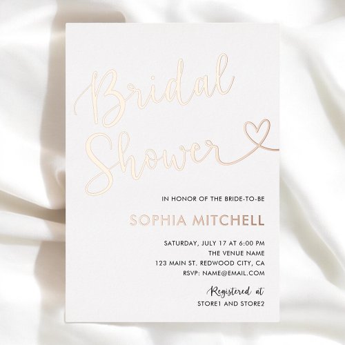 Minimal Heart Script White Bridal Shower Foil Invitation