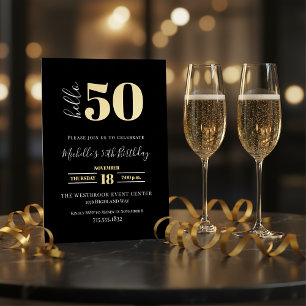 Minimal Hello 50 Script 50th Birthday Black Gold  Foil Invitation