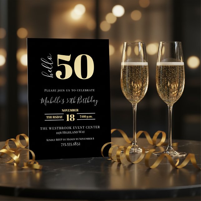 Minimal Hello 50 Script 50th Birthday Black Gold  Foil Invitation (Creator Uploaded)