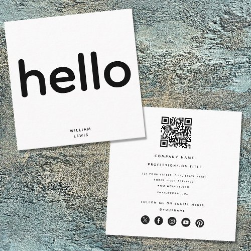 Minimal Hello QR Code Social Media Icons Square Business Card