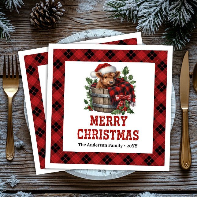 Minimal highland cow red black plaid napkins (Minimal highland cow red black plaid napkin)