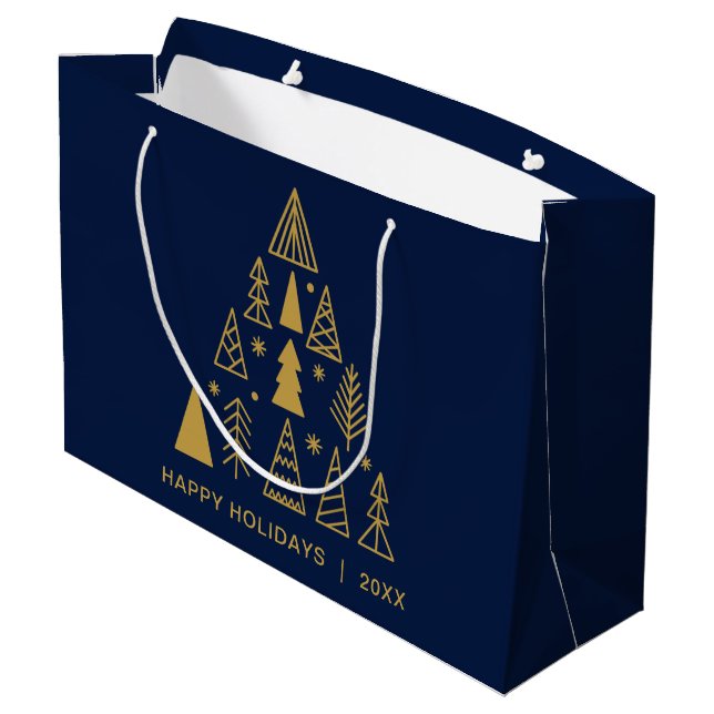 Minimal Holidays | Navy Blue Gold Christmas Tree Large Gift Bag (Back Angled)