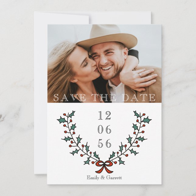 Minimal Holly Berry Holiday Photo Christmas Save The Date (Front)
