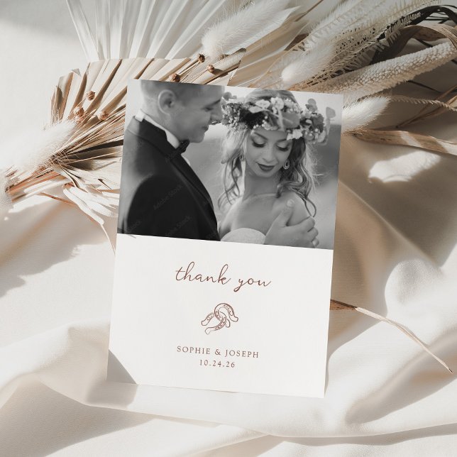 Minimal Horseshoe | Brown and White Wedding Photo Thank You Card (Creator Uploaded)