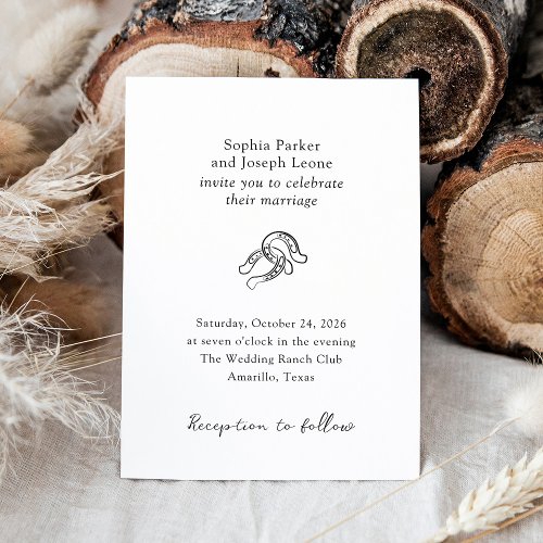 Minimal Horseshoe  Rustic Black and White Wedding Invitation