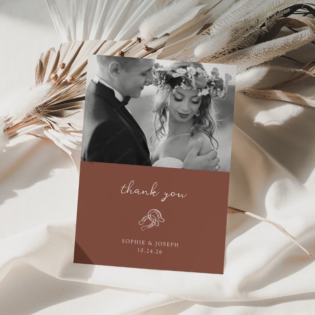 Minimal Horseshoe | Rustic Brown Wedding Photo Thank You Card (Creator Uploaded)