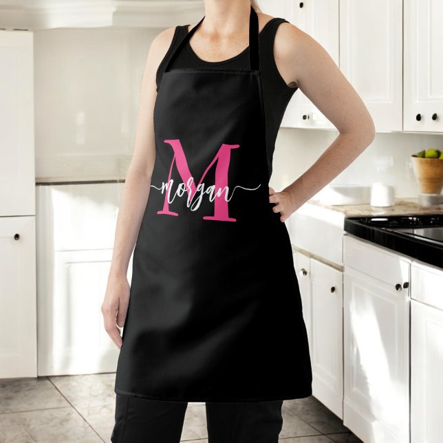 Minimal Hot Pink Black Modern Typographic Monogram Apron (Creator Uploaded)