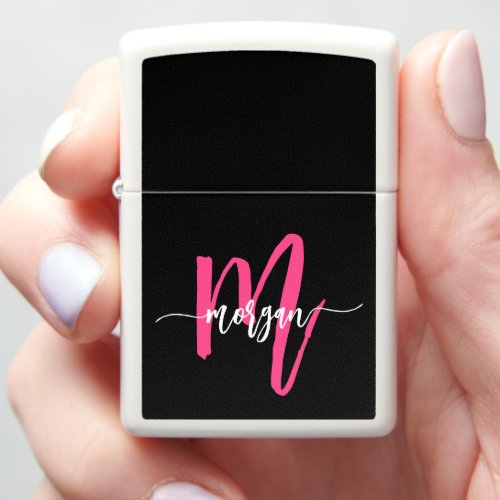 Minimal Hot Pink Black Modern Typographic Monogram Zippo Lighter