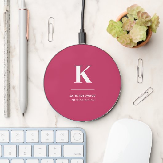 Minimal Hot Pink Modern Typographic Monogram Wireless Charger (Desk)