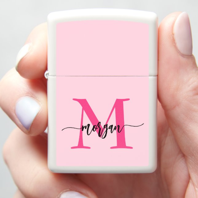 Minimal Hot Pink Modern Typographic Monogram Zippo Lighter (In Hand)