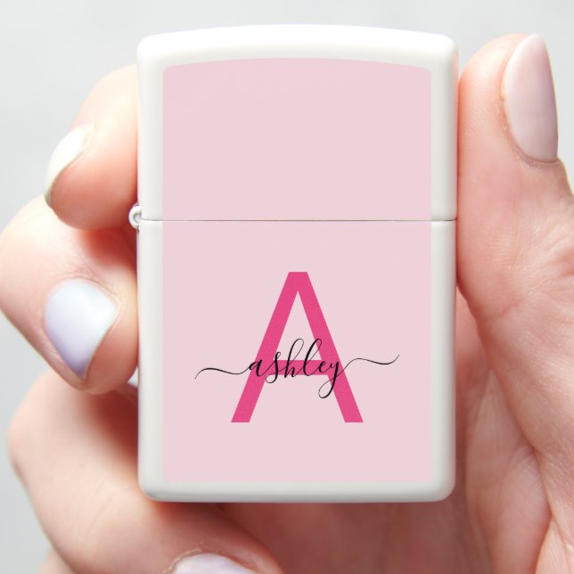 Minimal Hot Pink Modern Typographic Monogram Zippo Lighter (In Hand)