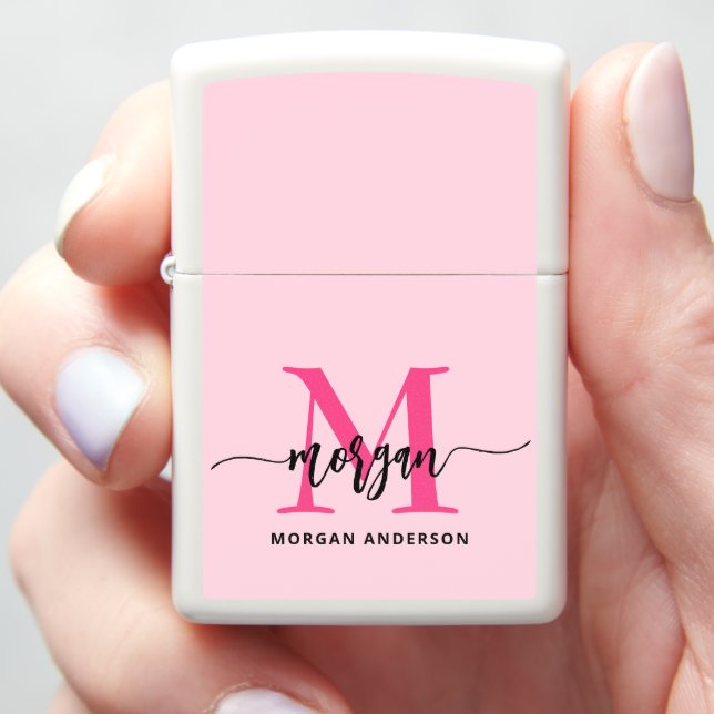 Minimal Hot Pink Modern Typographic Monogram Zippo Lighter (In Hand)