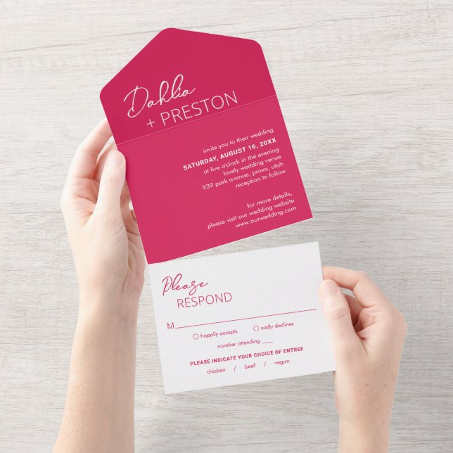 Minimal Hot Pink Modern Wedding All In One Invitation (Tearaway)