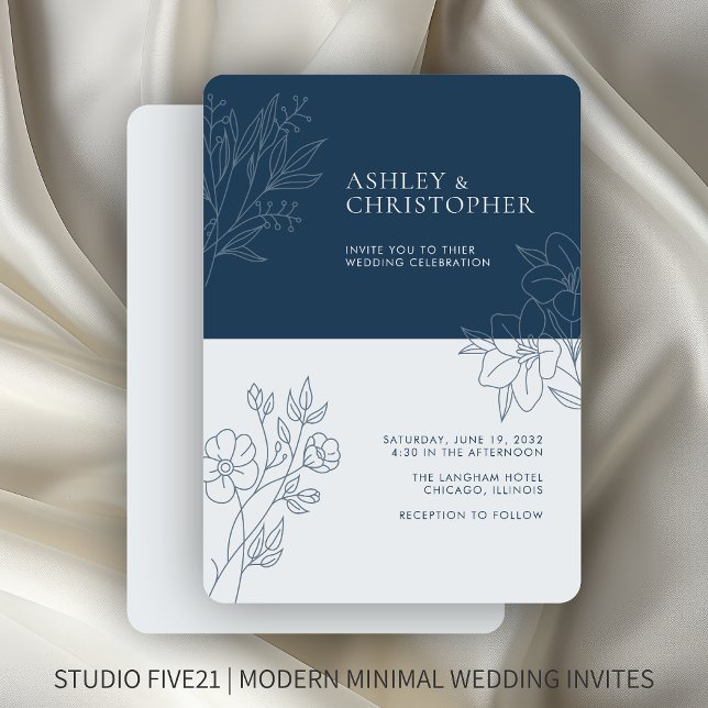 Minimal Indigo Blue Foliage Outline Wedding Invitation (Creator Uploaded)