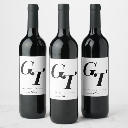 Minimal Initials  Modern Black and White Wedding Wine Label