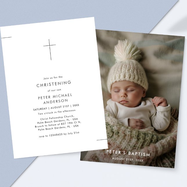 Minimal Inline Baby Boy or Girl Christening Photo Invitation (Creator Uploaded)