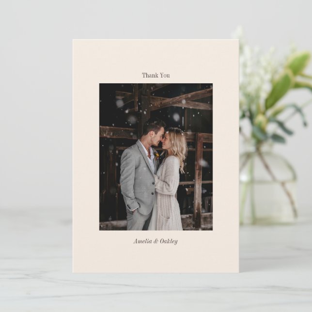Minimal Ivory Brown Elegant Wedding Custom Photo Thank You Card (Standing Front)