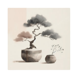 Minimal Japandi Bonsai in Earthy Tones Metal Print