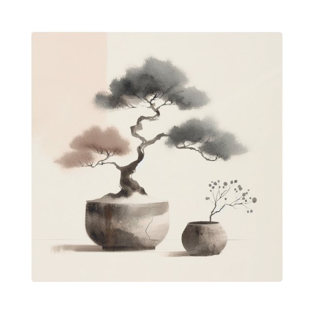 Minimal Japandi Bonsai in Earthy Tones Metal Print (Front)