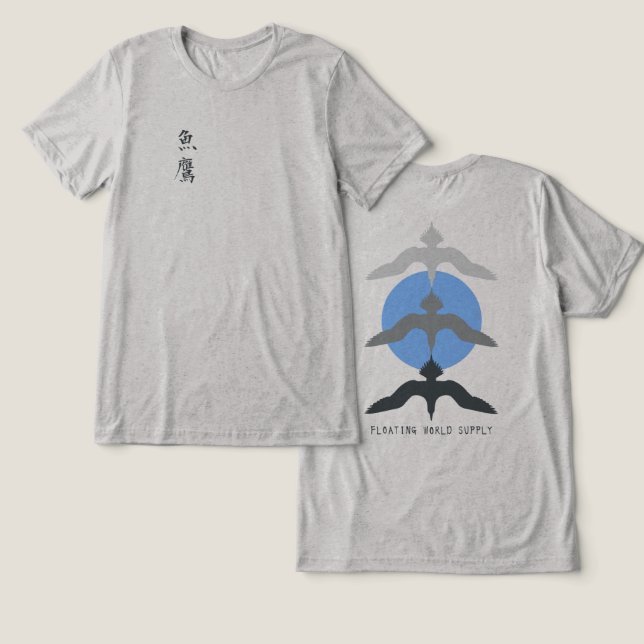 Minimal Japanese Fish Hawk Ukiyo-e Style Gray Tri-Blend Shirt (Design Front & Back)