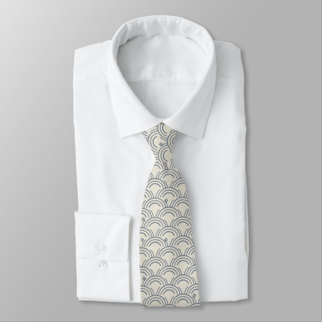 Minimal Japanese Pattern Necktie – Seigaiha Design (Tied)