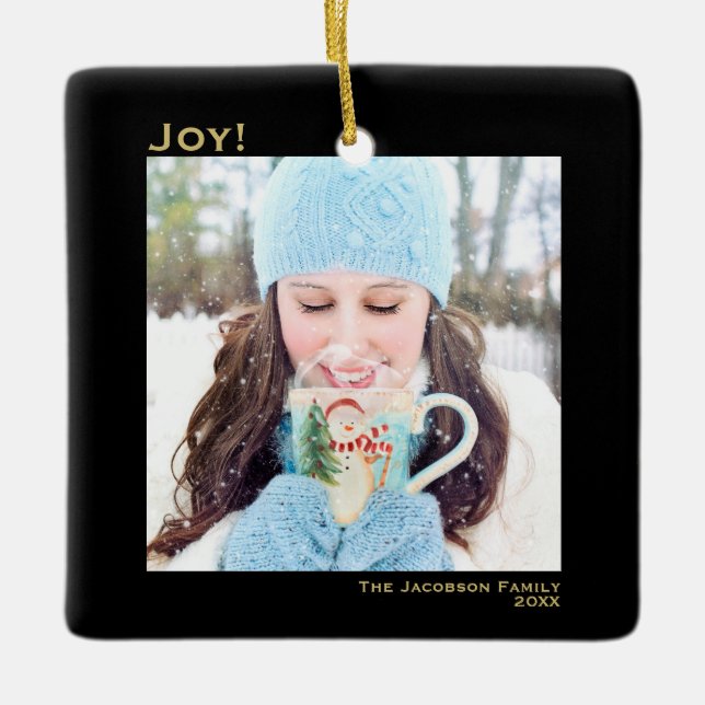 Minimal Joy Simple Christmas Holiday Photo Black Ceramic Ornament (Front)