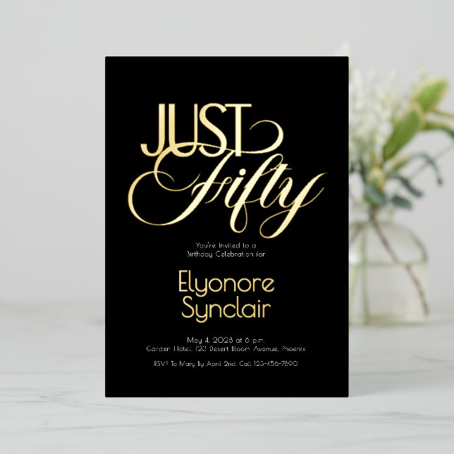 Minimal Just Fifty 50th Birthday Party Foil Invitation (Standing Front)